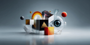 קומפוזיציה סוריאליסטית של צורות צבעוניות ועין אנושית המסמלת יצירתיות וסגנונות עיצוב גרפי