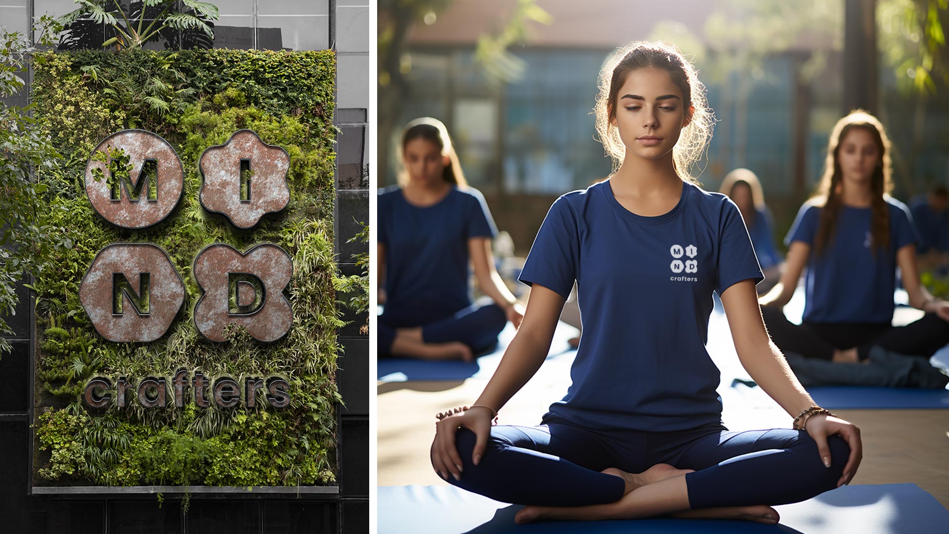 מצד ימין: ​סדנת מיינדפולנס: נערה עושה מדיטציה בטבע או בחוץ עם אור שמש מאחור | שיפור הרוגע הנפשי. מצד שמאל: קיר ירוק ושלט כניסה לבית הספר Mind Crafters המוקדש לטיפולי מיינדפולנס | שלט אותיות עץ וצמחים.