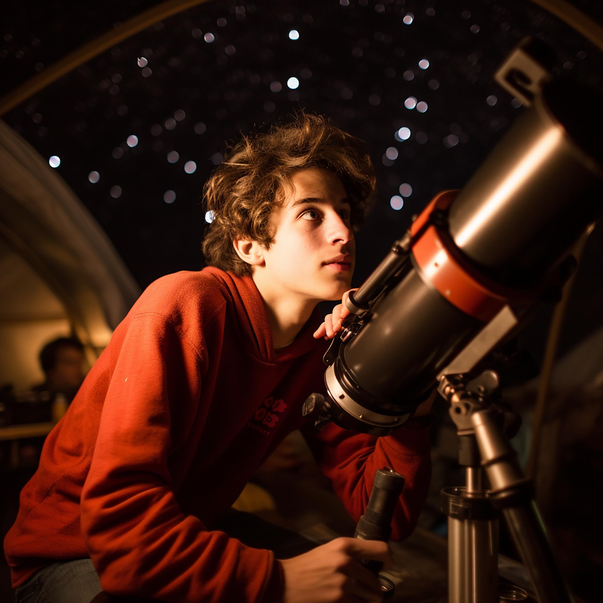 נער סקרן מסתכל בטלסקופ שחור ואדום, לומד על כוכבים וגרמי שמיים בלילה. שיעור אסטרונומיה מעשי.