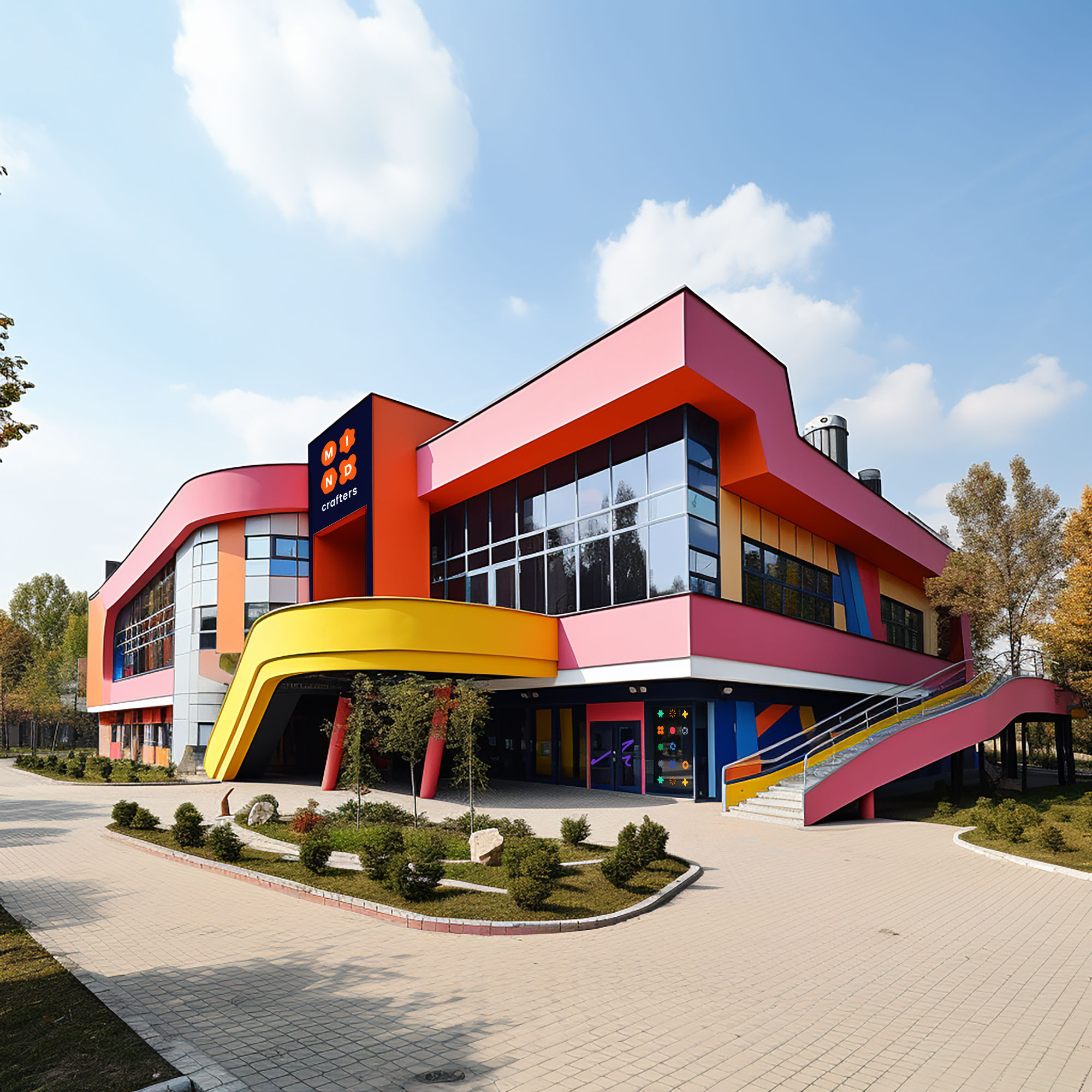 במנה מעוצב בצבעים של המותג העסקי של הבית ספר עם לוגו ומדבקות על הזכוכית ממותגות