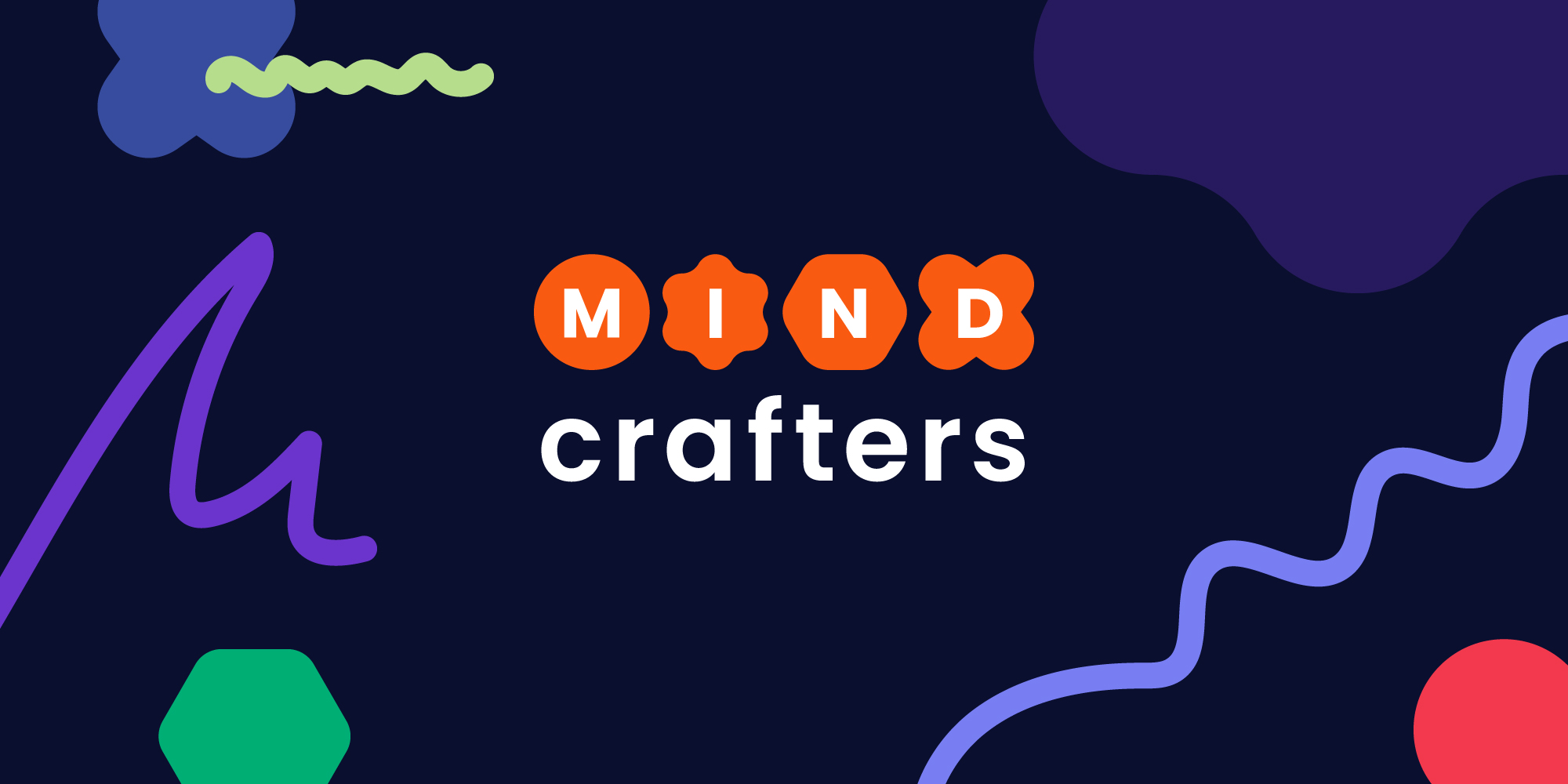 תצוגה של לוגו 'MIND crafters'. המילה 'MIND' מופיעה באותיות לבנות בתוך ארבע צורות דמויות פרח או כוכב בצבע כתום-אדום. המילה 'crafters' נמצאת מתחתיה באותיות לבנות. הרקע כהה, ומסביב ללוגו יש צורות גרפיות מופשטות וצבעוניות בצבעי סגול, ירוק-ליים וכחול