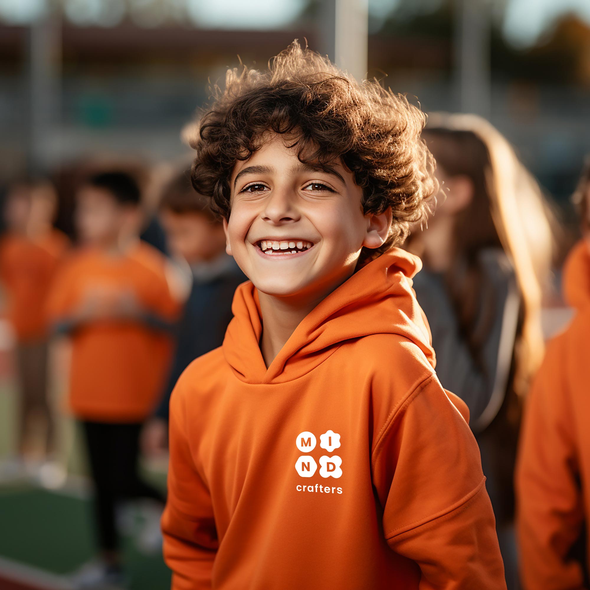 ילד נלהב ומחייך עם שיער מתולתל, לובש קפוצ'ון "Mind Crafters" כתום | חוויה חיובית בבית הספר/חוג.