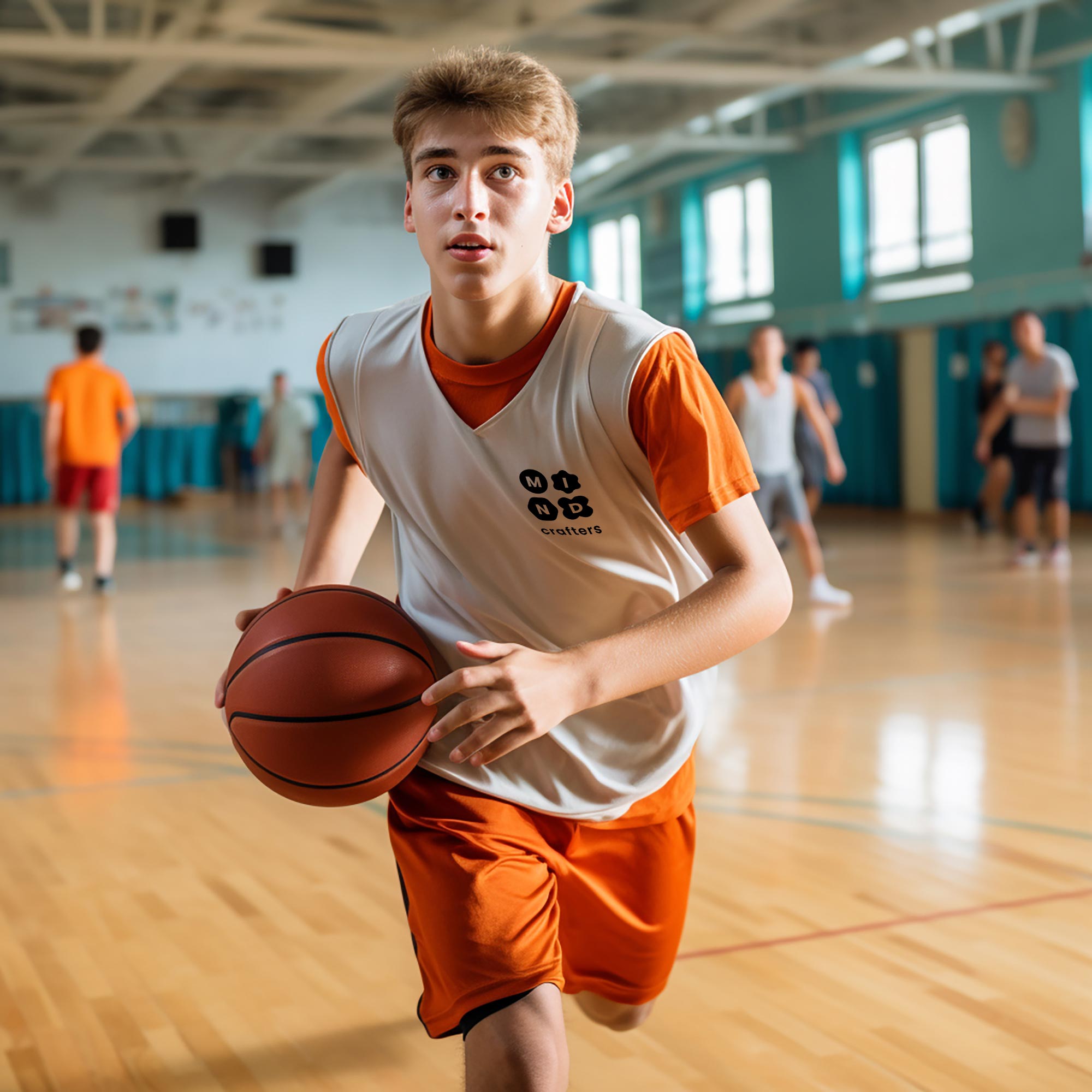 נער משחק כדורסל באולם ספורט, לבוש מדים בצבע כתום ולבן עם לוגו Mind Crafters. ספורט, נוער ולמידה בסביבה מעצימה ופעילה.
