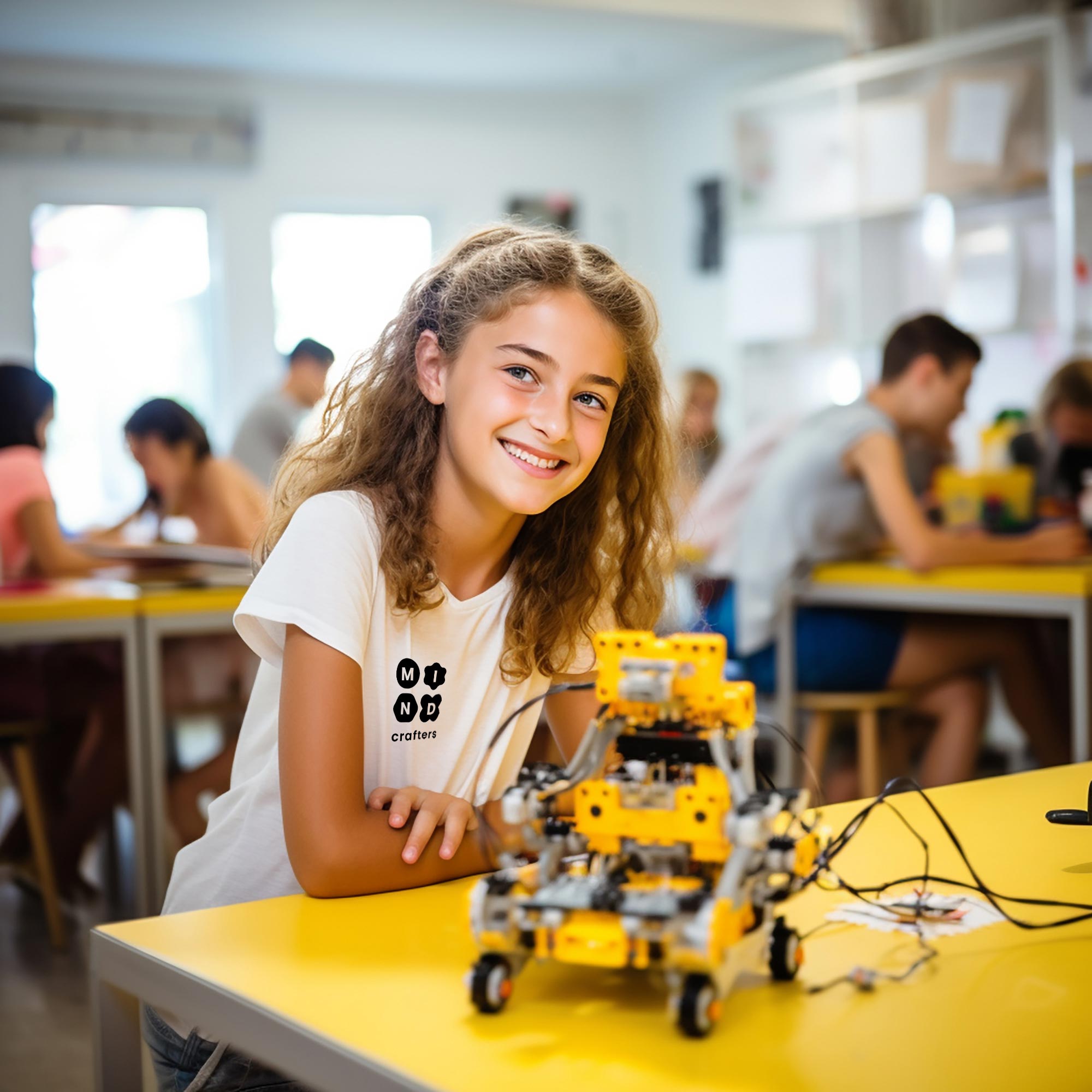 ​תלמידה מרוצה משתתפת בסדנת רובוטיקה לילדים, בונה רובוט מחלקי הרכבה ולובשת חולצת Mind Crafters.